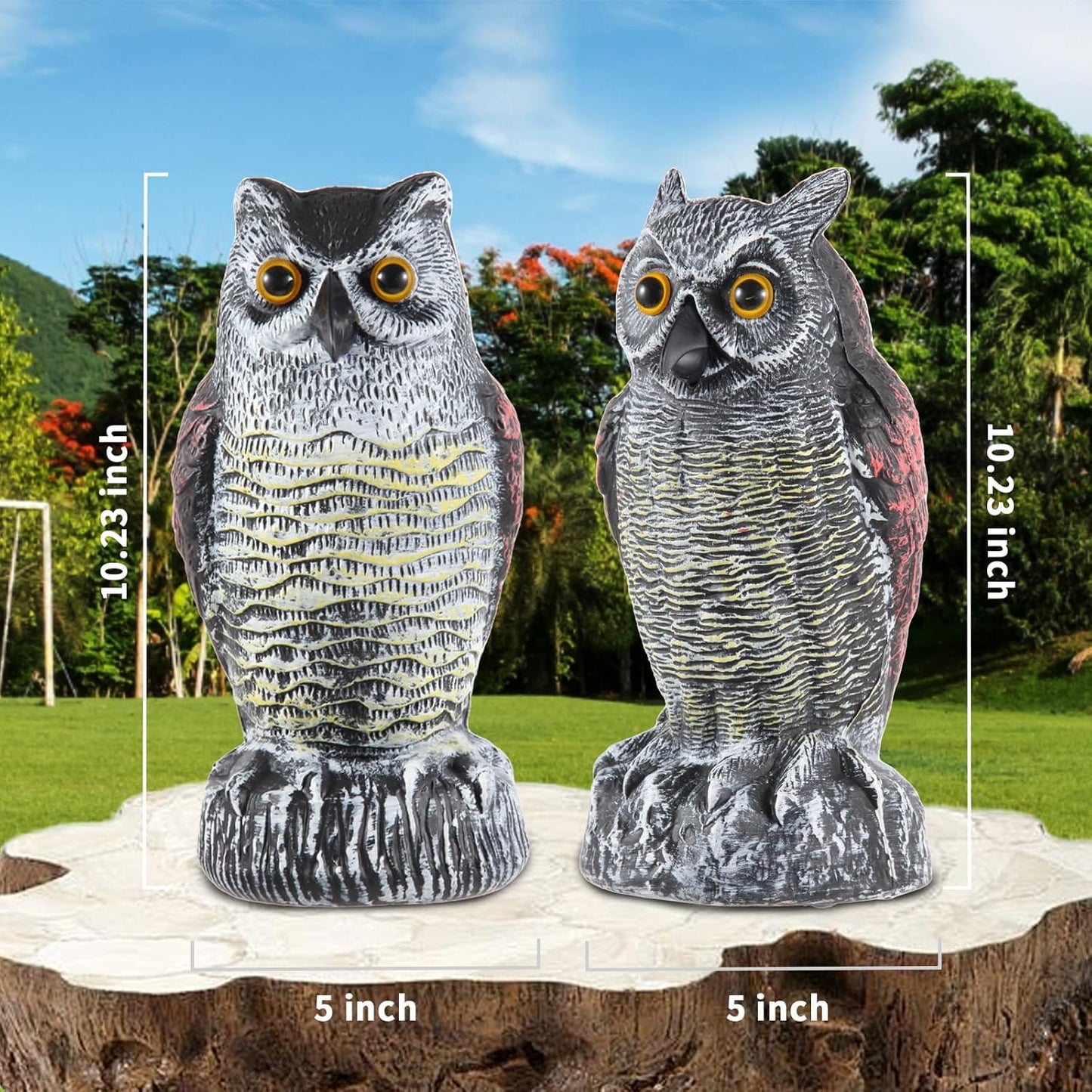 Hedoc 2 Pack Fake Owl Decoys to Scare Birds Away, Great Horned Owl Bird Deterrents, Nature Scarecrow Plastic Pest Repellent, Garden Decor and Yard Decoration for Gardens and Rooftops