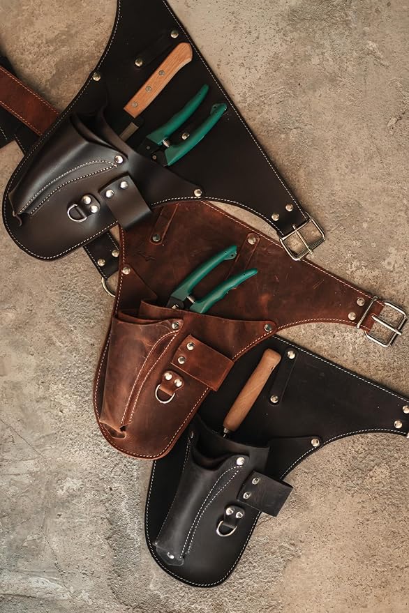 Garden Florist Tool Belt for Men | Leather Tool Belt for Women | Handmade Belt for Gardener, Electrician, and Carpenter | Leather Florist Belt (Brown CrazyHorse) (Brown with engraving, one size)