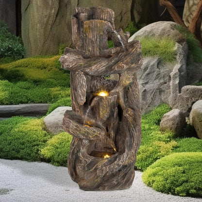Ferrisland 5-Tiered Tree Trunk Large Water Fountain with LED Lights and Pump, 39.8" Tall Outdoor Freestanding Fountain, Realistic Wood Natural Looking Floor Resin Statue for Garden Patio & Backyard