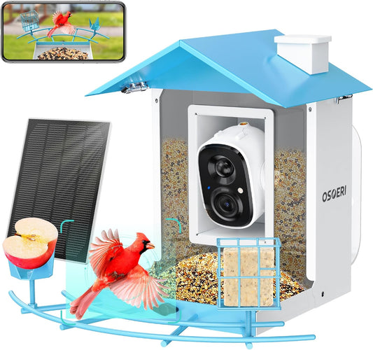 Osoeri Bird Feeder with Camera, Smart Bird Feeder Camera with AI Identify, Metal Bird Feeder with Suet Cage & Fruit Fork, Auto Capture Bird Videos & Motion Detection, Ideal Gift for Bird Lovers
