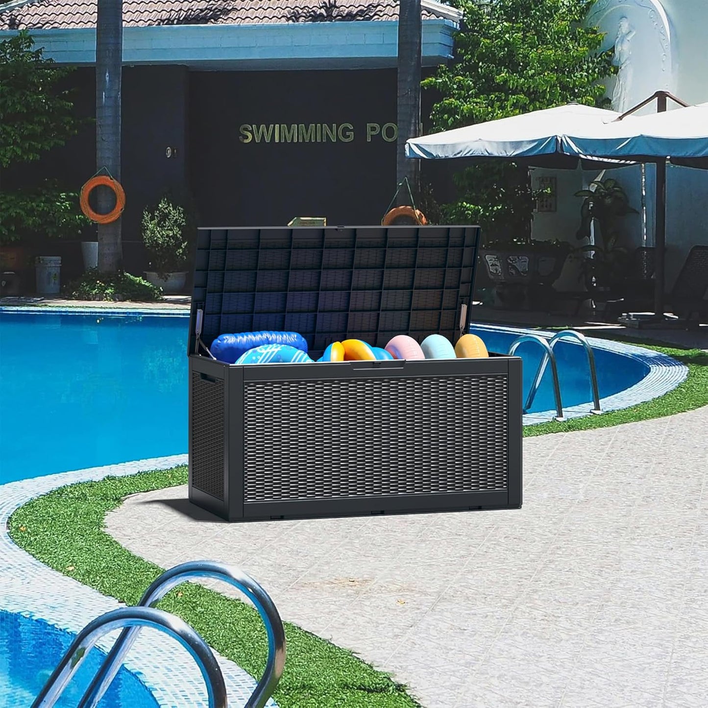 Outdoor Storage Box, Resin Deck Boxes Indoor and outdoor, Waterproof Storage Box Lockable Lid (Black, 100 Gallon)