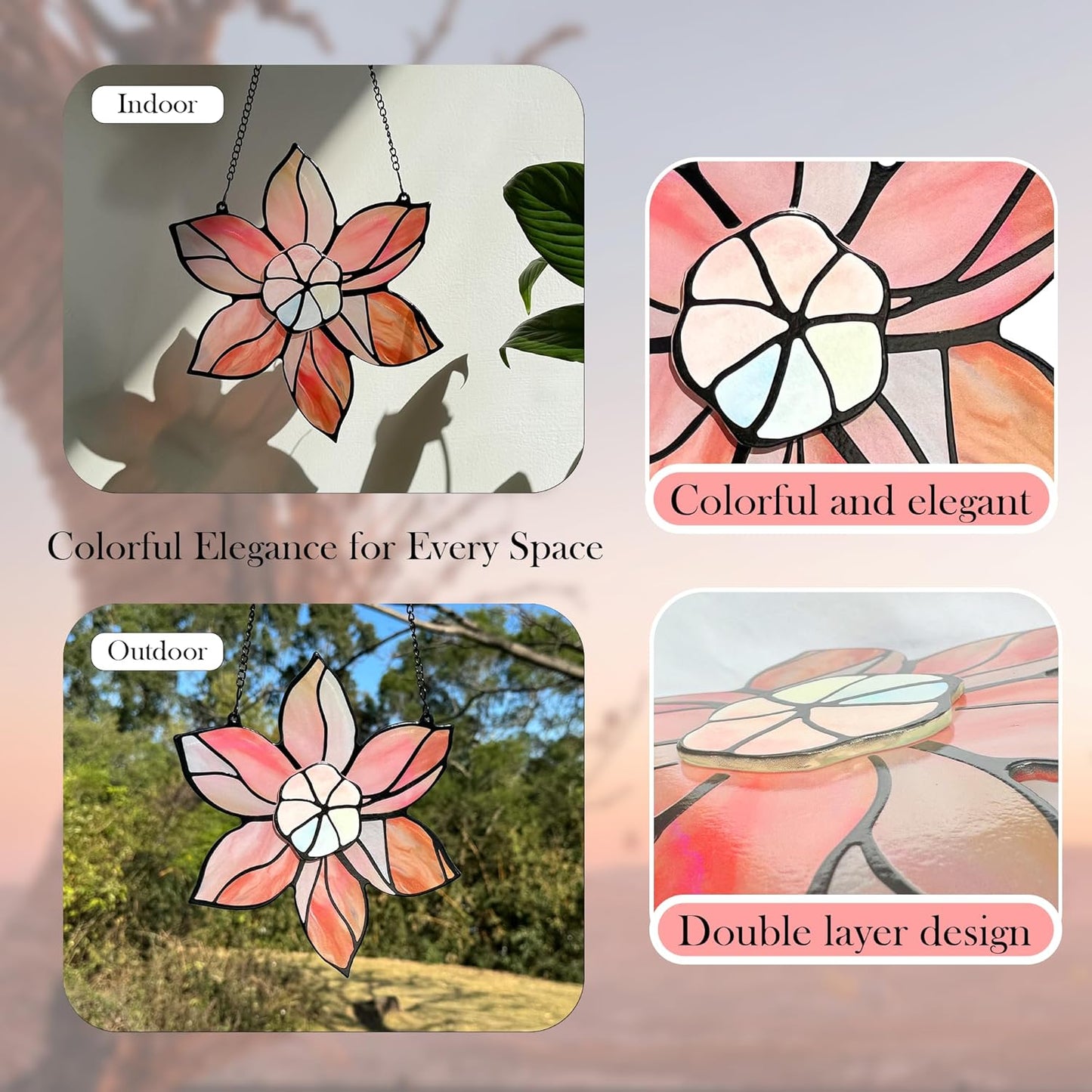 Stained Glass Window Hanging - Pink Flowers Suncatchers for Windows Hanging Floral Sun Catcher for Plant Lovers Anniversary Love Gift