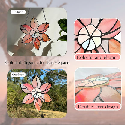 Stained Glass Window Hanging - Pink Flowers Suncatchers for Windows Hanging Floral Sun Catcher for Plant Lovers Anniversary Love Gift