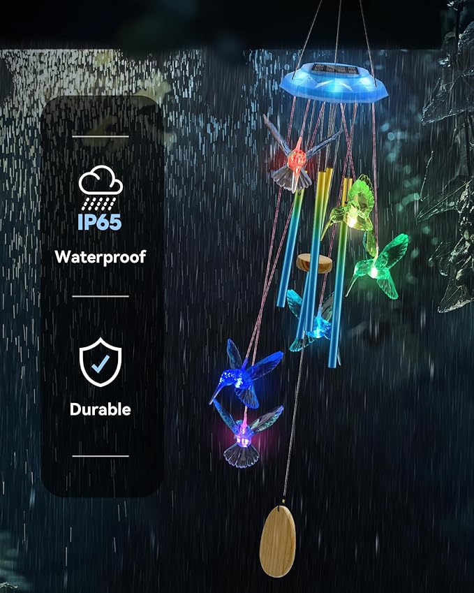 Hummingbird Solar Wind Chimes, Memorial Gifts for Mom, Glowing Top Color Changing Hummingbirds Moblie LED Wind Chime for Outside, Outdoor Home Party Garden Decor Light(Blue)