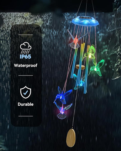 Hummingbird Solar Wind Chimes, Memorial Gifts for Mom, Glowing Top Color Changing Hummingbirds Moblie LED Wind Chime for Outside, Outdoor Home Party Garden Decor Light(Blue)