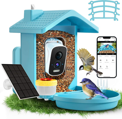 Smart Bird Feeder with Camera Solar Powered, AI Birds Species Identification, 2.5k HD Video Bird House with Camera for Outside, Weatherproof Design Ideal Gifts for Bird Lovers, Blue