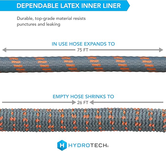HydroTech 75 ft Expandable Garden Hose - Burst Proof & Lightweight, Flexible Water Hose with Durable Reinfordced Latex Core & Solid Brass Fittings for Lawn, Garden, Car Washing