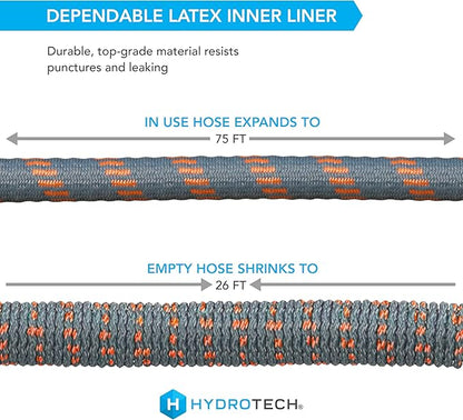 HydroTech 75 ft Expandable Garden Hose - Burst Proof & Lightweight, Flexible Water Hose with Durable Reinfordced Latex Core & Solid Brass Fittings for Lawn, Garden, Car Washing
