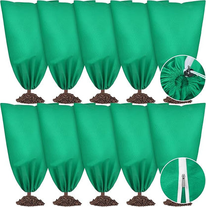 10 Pieces Plant Covers Freeze Protection Winter Plant Frost Cover with Drawstring and Zipper Large Plant Protector Bag for Frost Blankets Jacket for Outdoor Plant, Green, 31.5 x 47.2 Inch