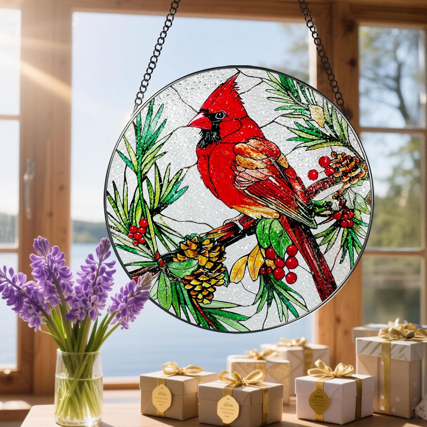 Stained Glass Window Hanging, 8 Inch Cardinal Sun Catcher, Stained Glass Decor, Suncatchers for Windows Hanging, Cardinal Window Decor, Gift for Bird Lovers, Gifts for Mom Grandma