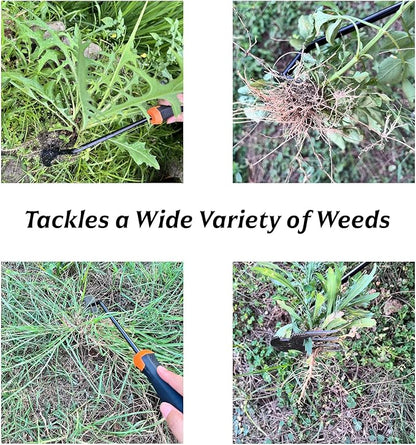 Hand Weeding Tool, Uprooting Weeder Tool Portable Garden Weed Remover with Handle, 4 Teeth Stainless Steel Weed Puller for Garden Backyard Farm Planting & Weeding (Rubber Handle)