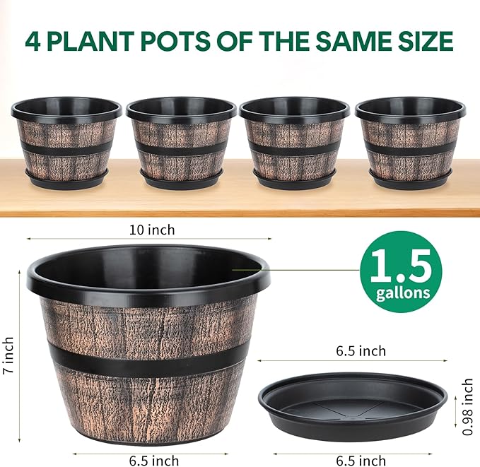 Uneed 10 Inch Whiskey Barrel Planter Pots, 4 Pack Plastic Flower Pots with Drainage Holes & Saucers, Retro Outdoor Pots for Plants, Patio, Lawn Decor (Brown)