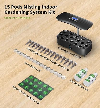 Hydroponics Growing System Kit 15 Pods Misting Herb Garden Indoor Garden Indoor Gardening System 5L Water Capacity 48W Grow Light Gardening Gifts for Women House Warming Gifts New Home (Black)