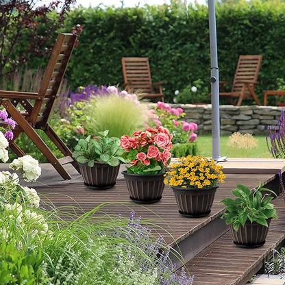 FGstyle 4 Pack Flower Pots,8 Inch Plants Pot,Planters Pot with Drainage Hole & Saucer,Modern Planters for Indoor Outdoor Plants,Decorative Resin Garden Pots for Outdoor Indoor Home Plants (Black)