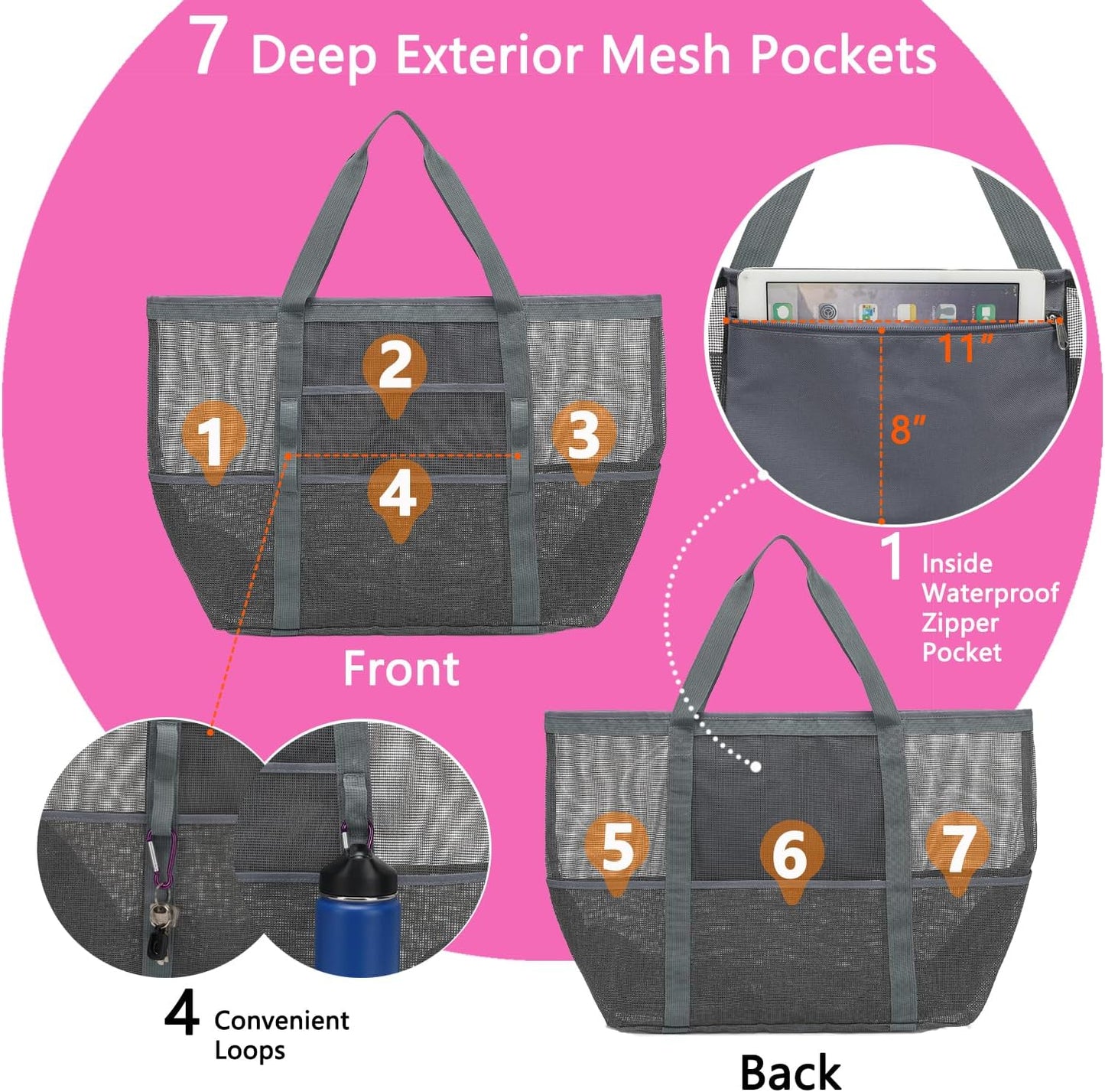 Mesh Beach Bag, Large Beach Tote with Zipper Pocket for Family Pool Bag for Toys & Vacation Essentials