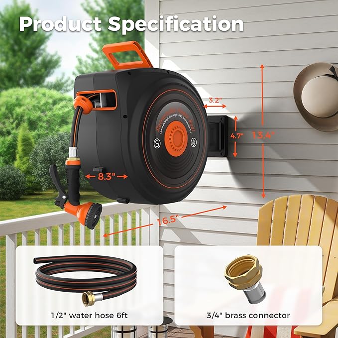 Retractable Garden Hose Reel 1/2 in x 50 ft, Auto-Rewind & Any Length Lock, 180° Swivel Heavy Duty Hose Reel Wall Mount for Outside, 10 Spray Patterns, UV-Resistant