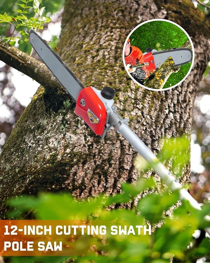Powerful 52cc 5 in 1 Multi Functional Trimming Tools,Gas Hedge Trimmer,Weed Eater,String Trimmer, Brush Cutter,Pole Saw Chainsaw with Extension Pole, Rubber Handle & Shoulder Strap Included Red