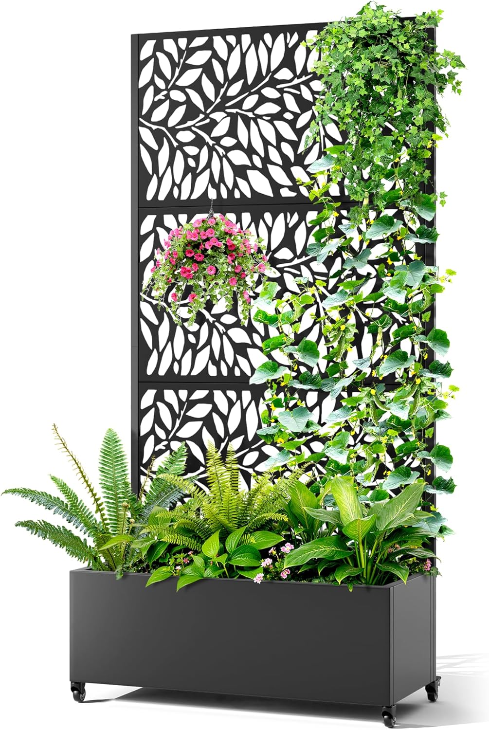 Metal Raised Garden Bed with Trellis, 2 in 1 Trellis with Planter Box & Privacy Screen for Climbing Plants, Vine, Outdoor Standing Flower Beds with Drainage Holes, 35.4"L x 15.7"W x 70.10"H,(Black)