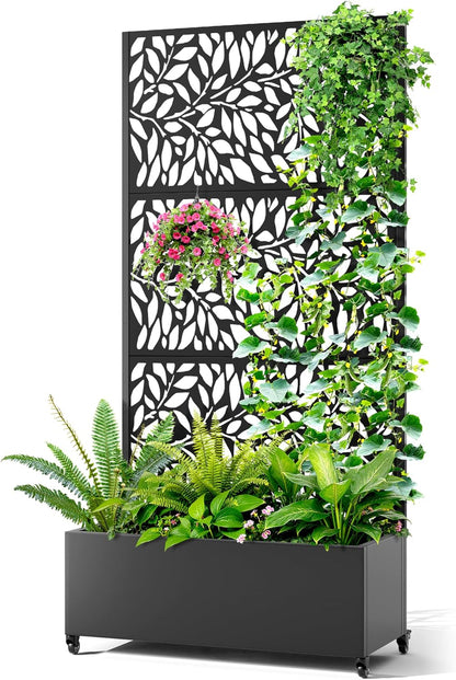 Metal Raised Garden Bed with Trellis, 2 in 1 Trellis with Planter Box & Privacy Screen for Climbing Plants, Vine, Outdoor Standing Flower Beds with Drainage Holes, 35.4"L x 15.7"W x 70.10"H,(Black)