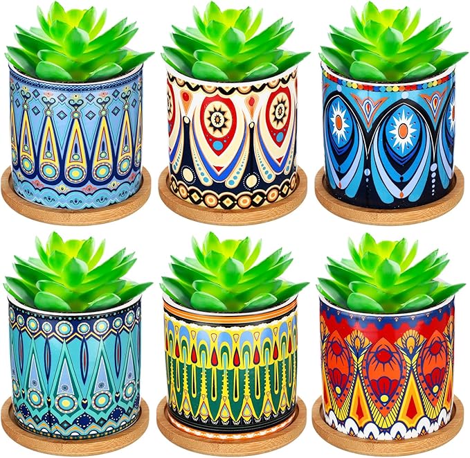 Zopeal 6 Pcs 3 Inch Succulent Pots Succulent Planters Cylinder Ceramic Pots Mandala Multicolor Cactus Pot with Drainage Holes and Bamboo Trays for Indoor Plants Flowers Garden Decoration(Basic)
