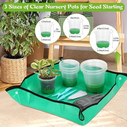 Caffox 51PCS Reusable Seed Starter Kit Includes 26 Packs 3 Sizes Clear Nursery Pots with Silicone Base, Repotting Mat, Gardening Gloves, Plant Labels and Seedling Tools for Easy Transplant