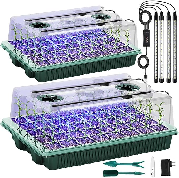 Seed Starter Tray with Grow Light, 2 Packs 80 Cells Seed Starting Kit Seedling Starter Trays with Grow Lights, Plant Germination Trays with Humidity Dome Plant Starter Kit