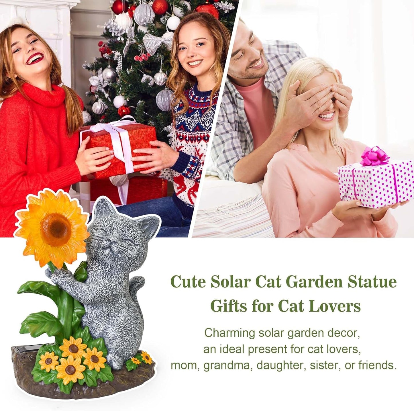 Solar Garden Decor Cat Statue with Sunflower Light, Outdoor Ornaments for Home Patio Yard Balcony Lawn, Birthday Gifts for Cat Lovers Women, Mom, Grandma