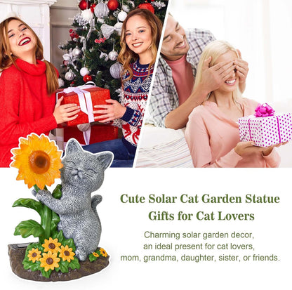 Solar Garden Decor Cat Statue with Sunflower Light, Outdoor Ornaments for Home Patio Yard Balcony Lawn, Birthday Gifts for Cat Lovers Women, Mom, Grandma