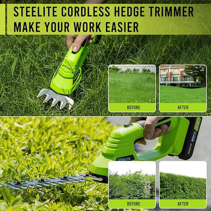 STEELITE Hedge Trimmer Cordless, 21V Handheld Shrub & Bush Trimmer Electric with 2.0Ah Battery, Fast Charger, Mini Grass Trimmer for Effortless Trimming