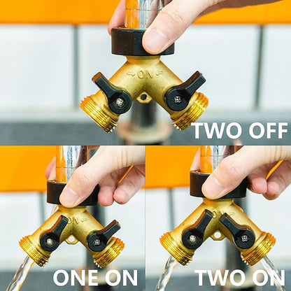 Brass Garden Hose Splitter 2 Way, Hose Y Splitter 3/4 Inch Heavy Duty Brass Hose Connector Tap Splitter, Hose Spigot Adapter 2 Valves with Rubber Washers (1 Pack)