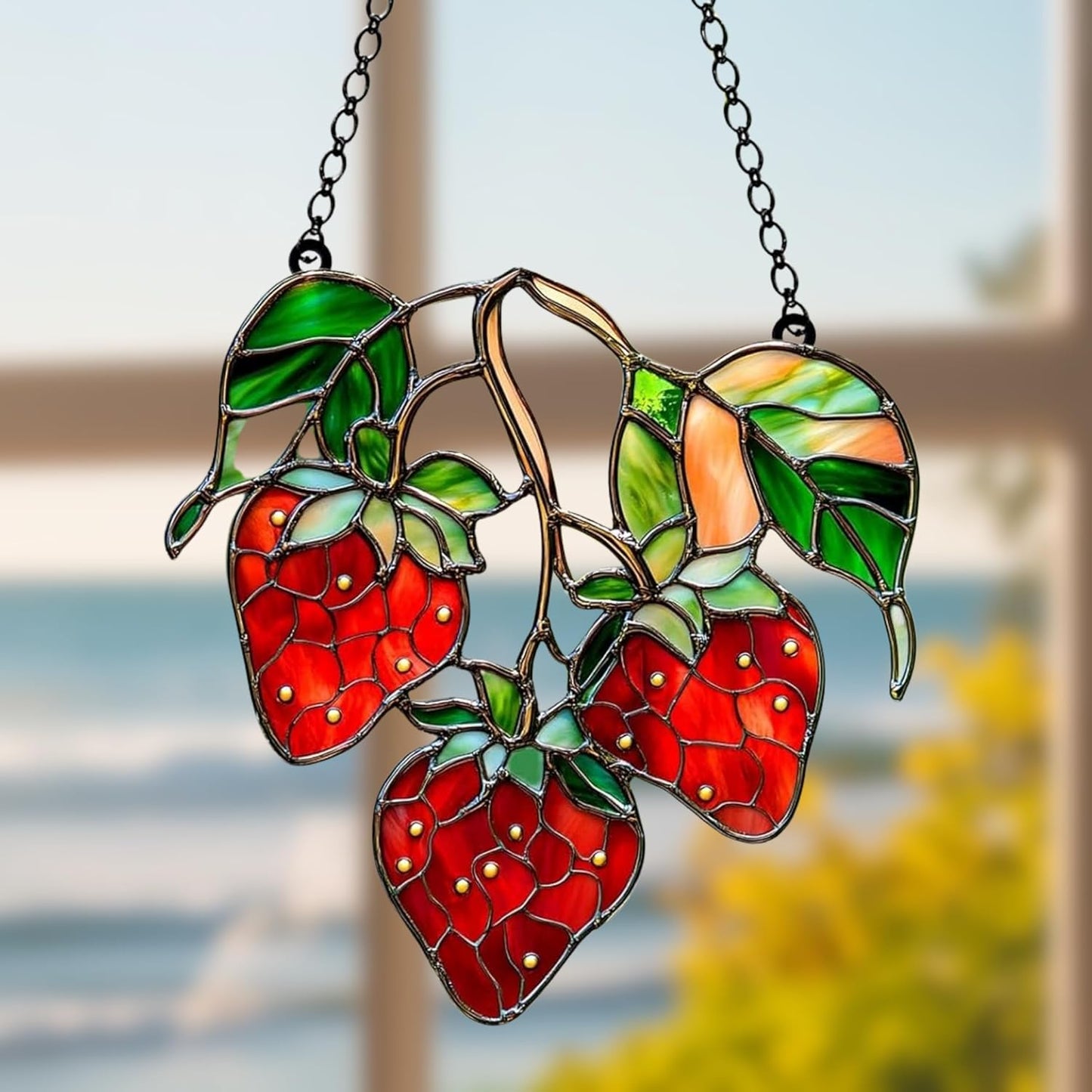 Strawberries Branch Acrylic Suncatcher Stained Glass Effect Window Car Hanging Christmas Ornament Indoor Outdoor Decor Garden Sun Catcher Panel for Berry Lover for Women Mom Grandma