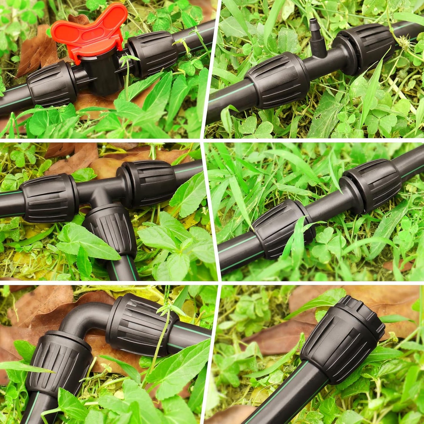 Drip Irrigation Fittings Kit for 1/2 Inch Tubing：1/2'' Drip Line Anti-Drop Barbed Locked Nut Connectors 18 Pieces Set Include 4 Couplings 4 Tees 2 Elbows 3 Valves 3 Reducing Tee 2 Plugs