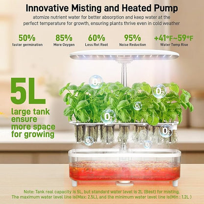 Hydroponics Growing System Kit 15 Pods Misting Herb Garden Indoor Garden Indoor Gardening System 5L Water Capacity 48W Grow Light Gardening Gifts for Women House Warming Gifts New Home (White)