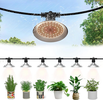 6-Light Outdoor LED Grow Lights – Waterproof Full Spectrum Greenhouse Lights for Plants, 21.3FT Adjustable String Lights with 288 LEDs E26 Base Bulbs, IP44 Waterproof for Garden, Farm, Yard