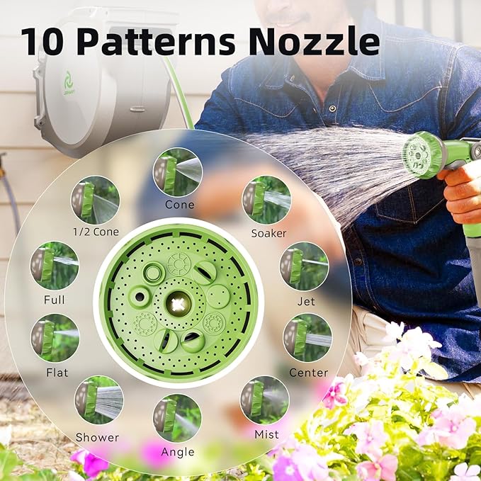 PINWHEEL 5/8in 75FT Retractable Garden Hose Reel, Automatic Retractable Hose with 10-Pattern Spray Nozzle, 180° Swivel Bracket, 3-Layer PVC Durable Water Hose for Yard Lawn Care