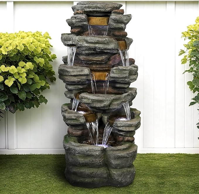 SunJet 47.2" High Cascading Rock Outdoor Water Fountain with LED Lights - Large Outdoor Resin Fountains and Waterfalls for Garden or Patio, Yard, and Deck Decor, Featuring Natural Stone Look