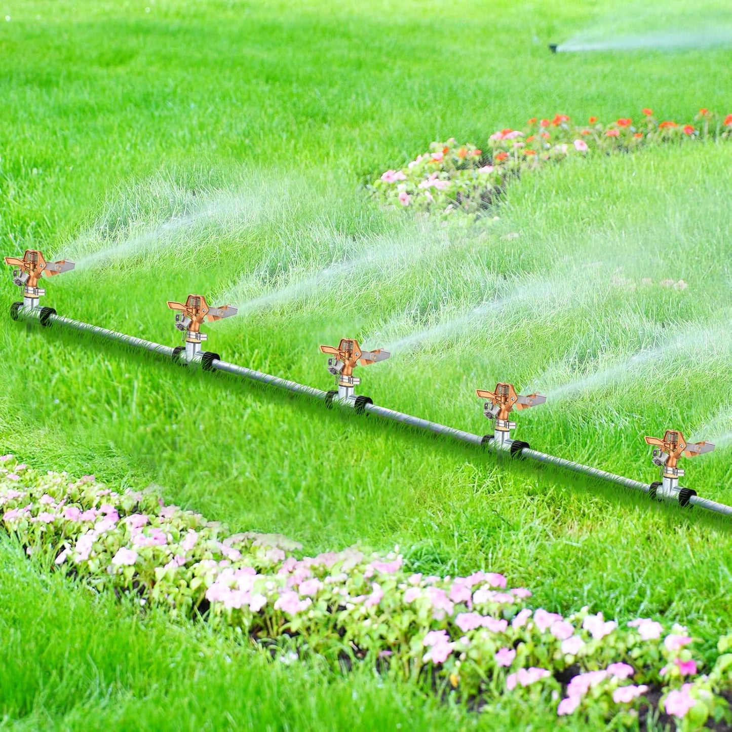 4 Pieces Brass Impact Lawn Sprinklers for Yard, Heavy Duty Water Sprinkler Head with Zinc Alloy Spike Base 360 Degree Automatic Rotating Lawn Sprinkler for Yard Lawn Large Area Patio Garden