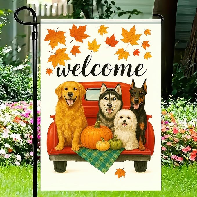 Welcome Fall Garden Flag 12x18 Inch Double Sided Red Truck with Dogs Yard Flags Autumn Pumpkin Leaf Outdoor Decoration Small Flag for Porch Lawn Pet Lovers