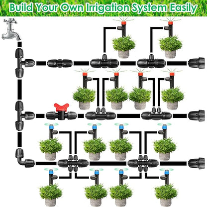 JAYEE Drip Irrigation Emitters Fan Shape with Stake Adjustable 360 Degree Water Flow Drippers for 1/4 inch Tube, 25Pcs Garden Sprayers + 25Pcs Sprinkler Drippers for Irrigation System Watering System
