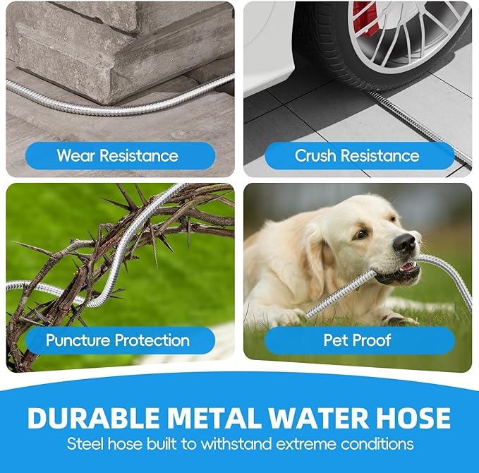 SPECILITE Metal Garden Hose 50ft Heavy Duty 304 Stainless Steel Water Pipe for Yard, Outdoor, RV - Durable, Tough & Flexible, Kink & Tangle Free, Pet-proof, Puncture Resistant with Independent Grip