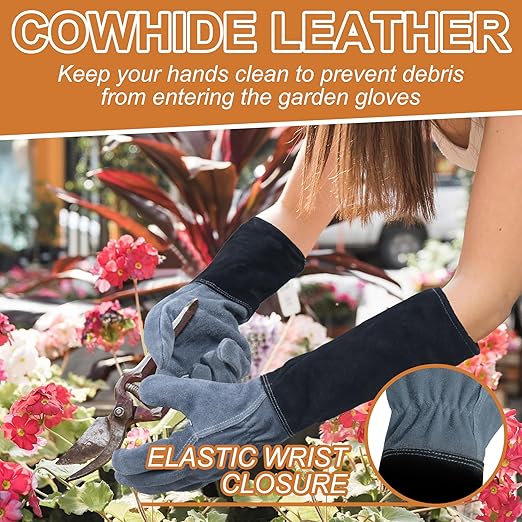 HLDD HANDLADNY Long Gardening Gloves, Cowhide Leather, Thorn Proof & Breathable for Rose Pruning & Yard Work (Men & Women)