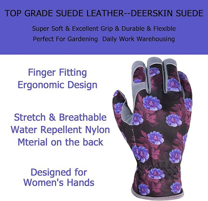 SKYDEER Premium Genuine Deerskin Suede Women's Gardening Gloves, Ultra-Soft Padded, Comfort Fit for Work (SD6613/M)