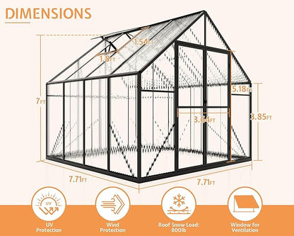 Jocisland 8x8x7 FT Polycarbonate Greenhouse for Outdoors with 2 Windows, Dual Swing Doors, Aluminum Walk-in Frame, Heavy Duty Garden Greenhouse for Backyard, Black