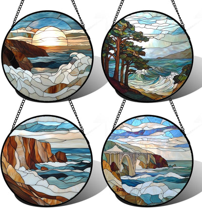 Stained Glass Window Hanging 4 Pcs Set Ocean Waves 6.3" - Blue and White Sea Suncatcher Door Garden Sun Catcher Decor Birthday Christmas for Mom Woman Nana Men