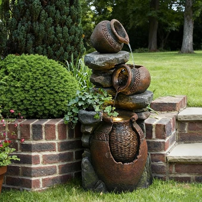 Outdoor Garden Water Fountain for Garden, Patio, Backyard, Deck, Porch and Home Art Decor, 3 Tiers Modern Cascading Outdoor Fountain with Lights 38.4" H