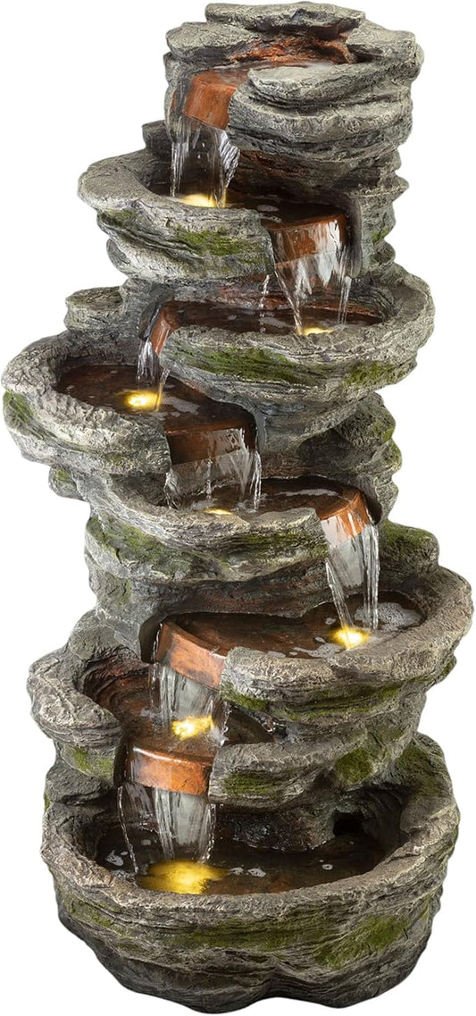 Alpine Corporation WIN1146 Outdoor Floor Cascading 8 Tiered Rock Garden Water Fountain with LED Lights, 58", Gray