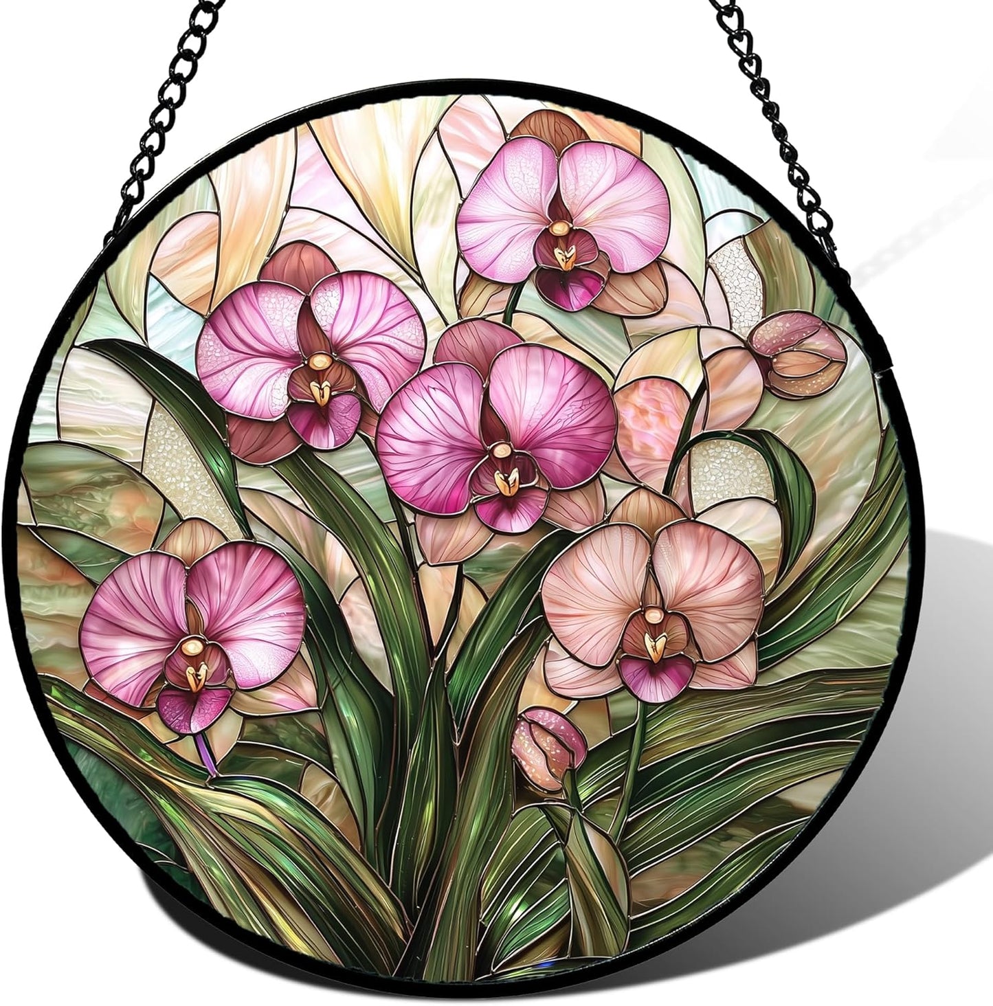 Stained Glass Window Hanging - Pink Phalaenopsis Orchid Green Leaves Sun Catcher for Door Home Decor Flower Suncatcher Christmas Mother's Day Birthday Gifts for Women Men Mom Nana 11.8 in