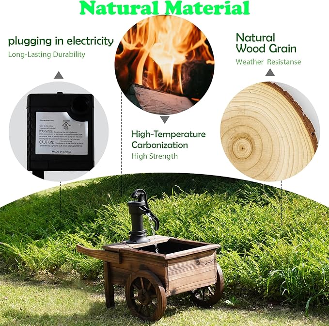 Carbonized Wood Outdoor Freestanding Fountain - Movable Vintage Hand Pump Cart, Plug-in Water Pump Electric Decorative Water Feature for Patio, Garden & Indoor Decoration