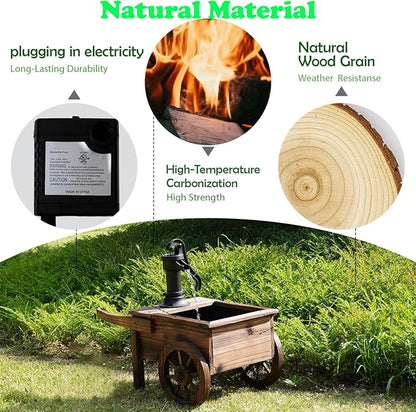 Carbonized Wood Outdoor Freestanding Fountain - Movable Vintage Hand Pump Cart, Plug-in Water Pump Electric Decorative Water Feature for Patio, Garden & Indoor Decoration