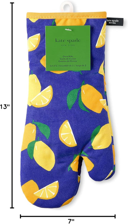 kate spade new york Lemon Party Oven Mitt 2-Pack Set, Heat Resistant, 100% Cotton, Navy Blue/Yellow, 7"x13"